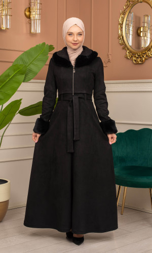 مانطو شامواه مبطن بالفرو - 1372 - اسود