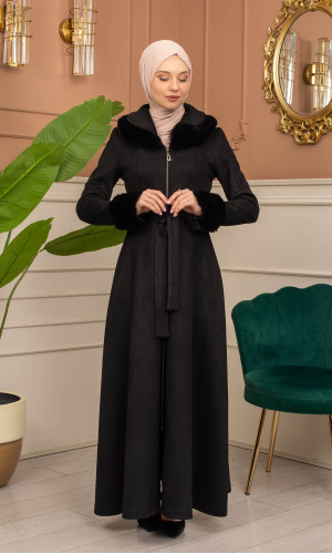 مانطو شامواه مبطن بالفرو - 1372 - اسود