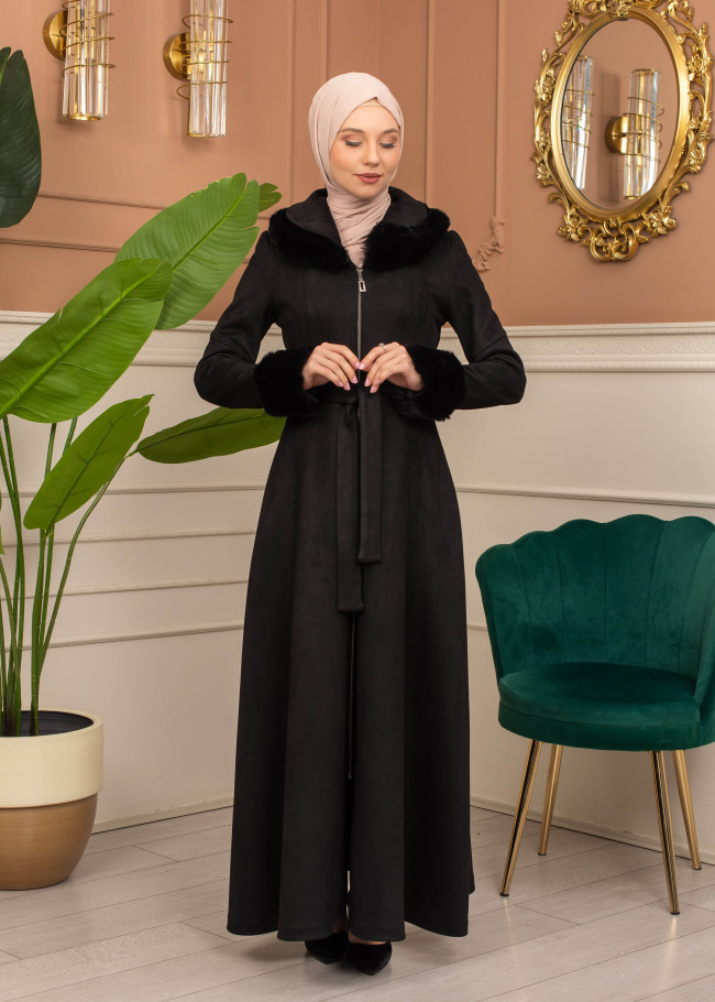 Suede Coat with Fur Lining - 1372 - black
