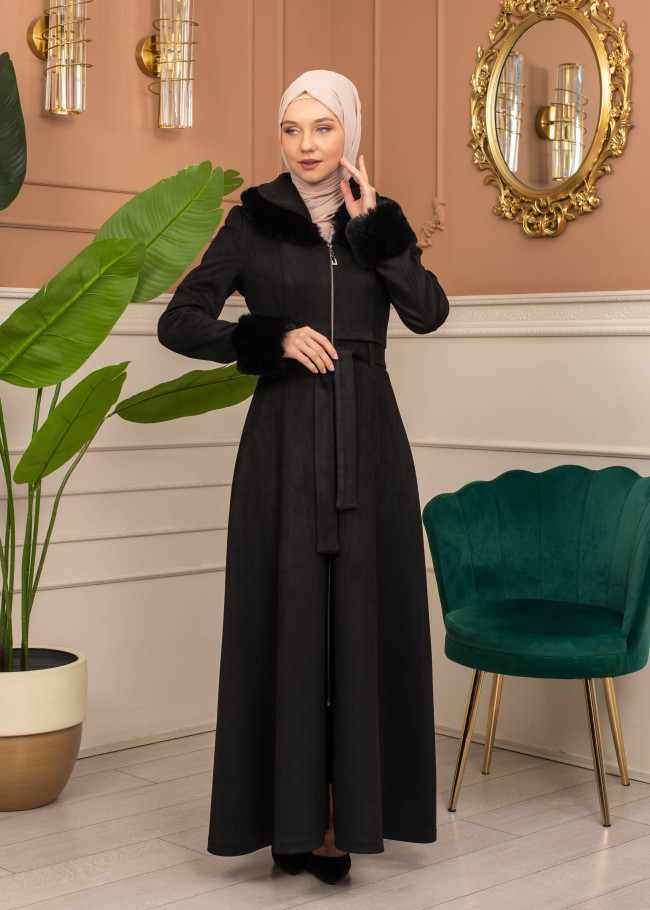 Suede Coat with Fur Lining - 1372 - black