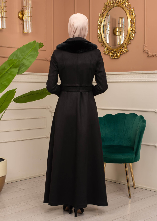 Suede Coat with Fur Lining - 1372 - black