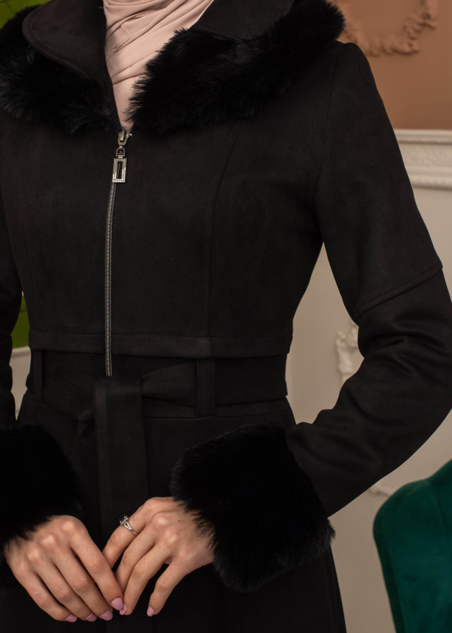 Suede Coat with Fur Lining - 1372 - black