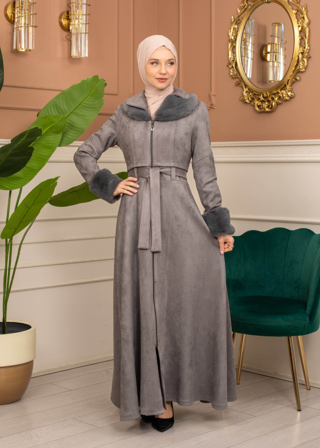 Suede Coat with Fur Lining - 1372 - gray