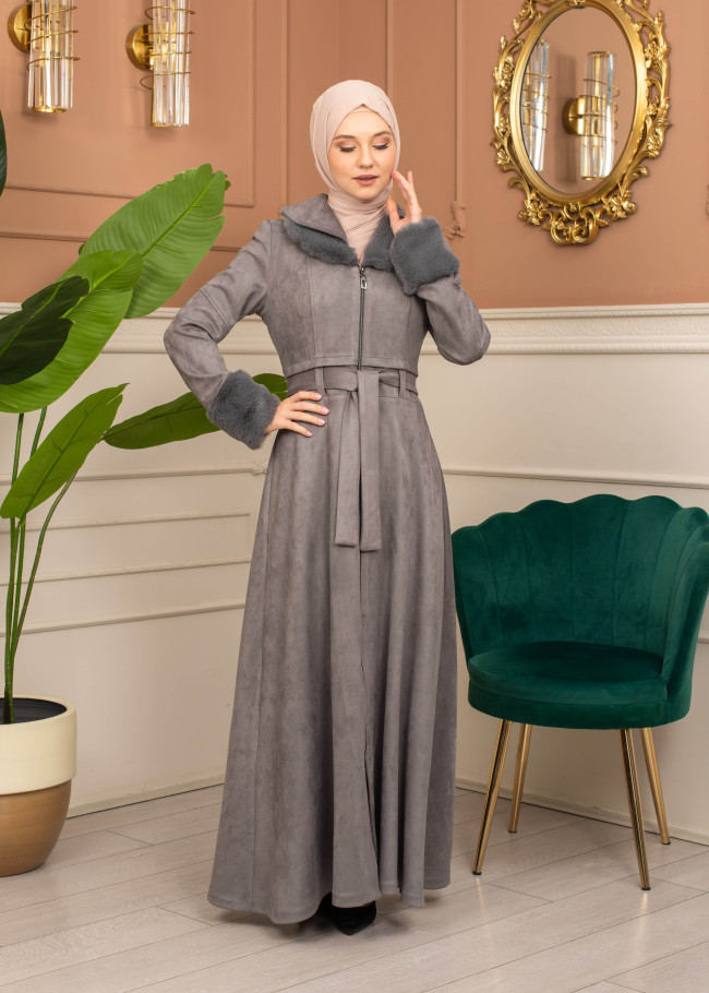 Suede Coat with Fur Lining - 1372 - gray
