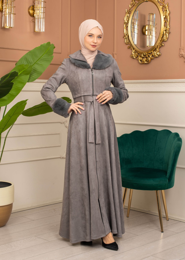 Suede Coat with Fur Lining - 1372 - gray