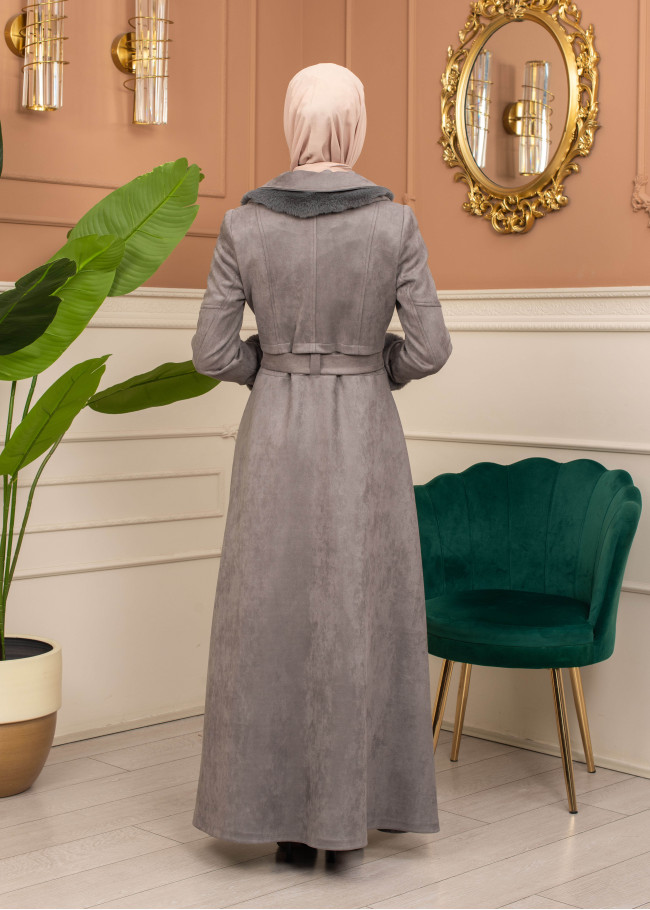 Suede Coat with Fur Lining - 1372 - gray