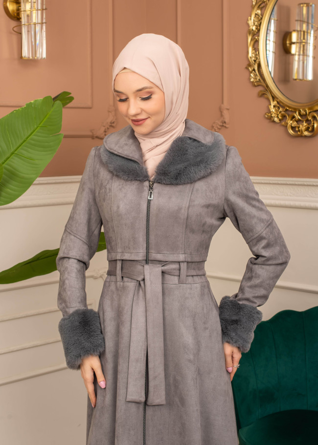 Suede Coat with Fur Lining - 1372 - gray