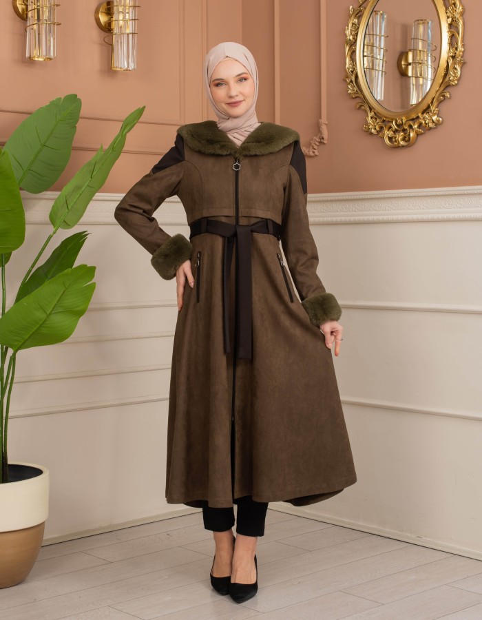 Velvet Suede Trench Coat with Faux Fur Lining, Code 1366 - khaki