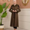 Velvet Suede Trench Coat with Faux Fur Lining, Code 1366 - khaki
