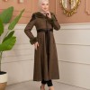Velvet Suede Trench Coat with Faux Fur Lining, Code 1366 - khaki