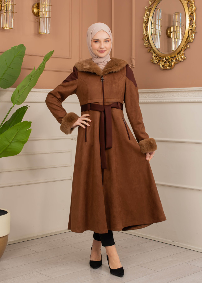 Velvet Suede Trench Coat with Faux Fur Lining, Code 1366 - tan