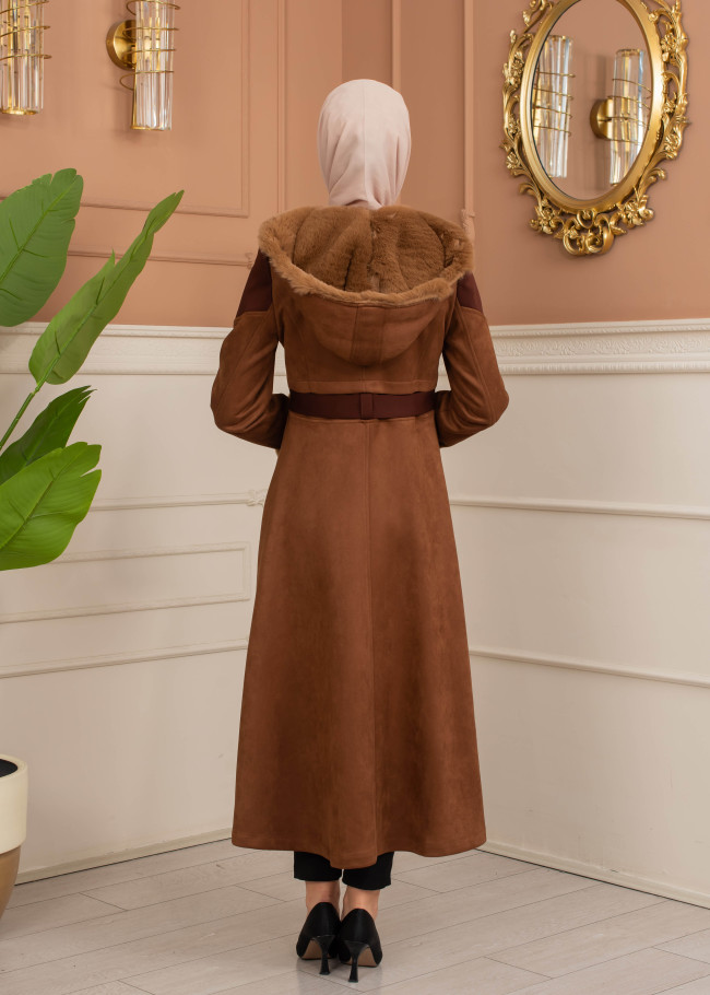Velvet Suede Trench Coat with Faux Fur Lining, Code 1366 - tan