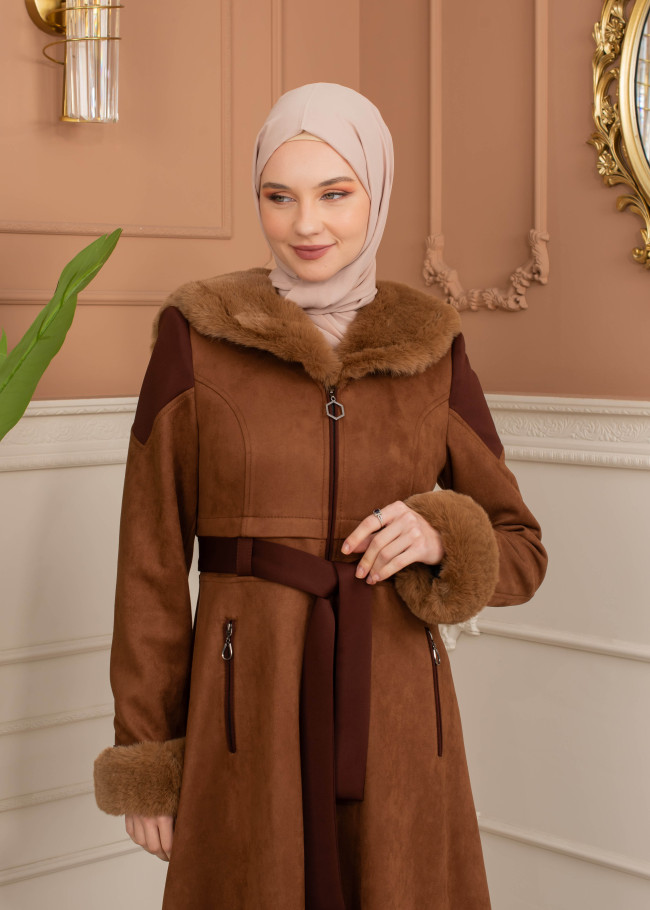 Velvet Suede Trench Coat with Faux Fur Lining, Code 1366 - tan