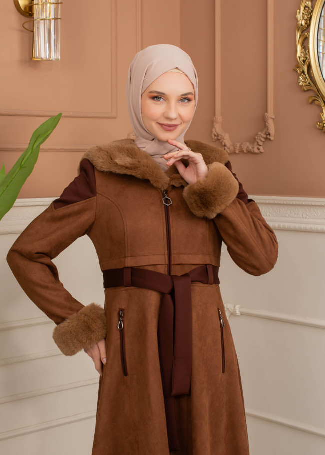 Velvet Suede Trench Coat with Faux Fur Lining, Code 1366 - tan