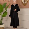 Velvet Suede Trench Coat with Faux Fur Lining, Code 1366 - black