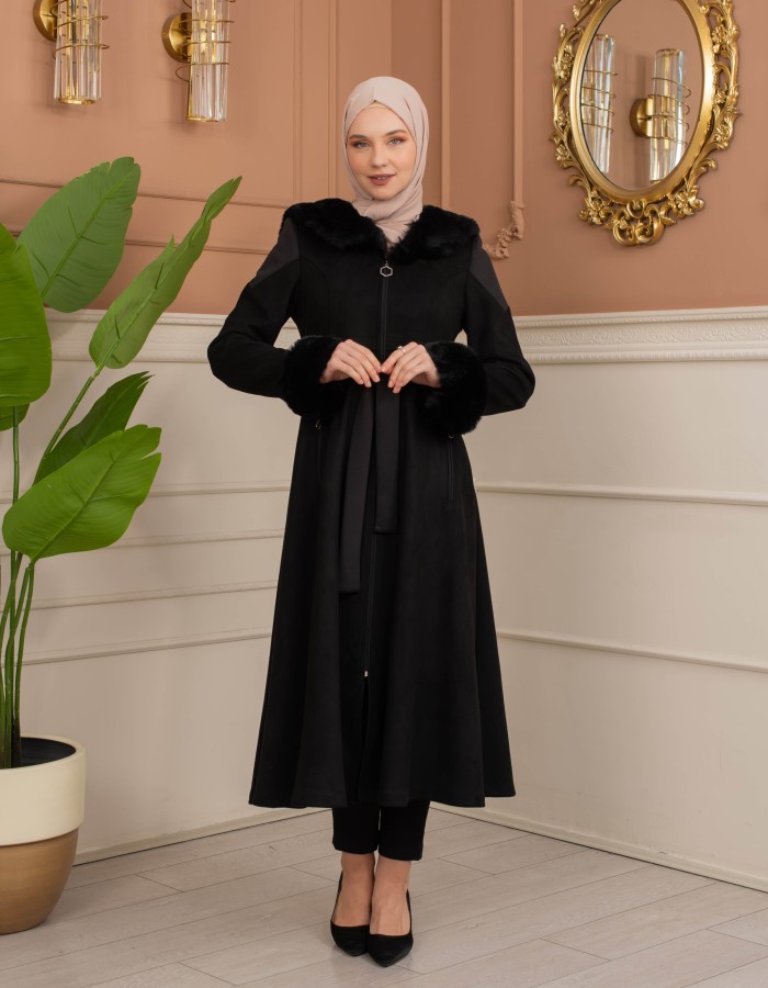 Velvet Suede Trench Coat with Faux Fur Lining, Code 1366 - black
