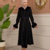 Velvet Suede Trench Coat with Faux Fur Lining, Code 1366 - black