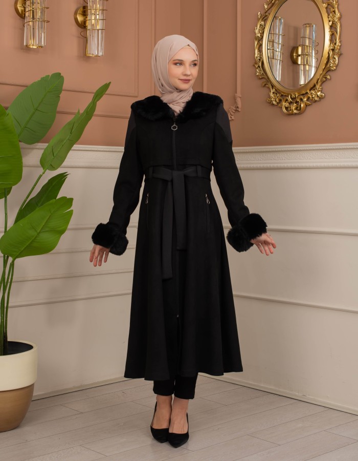 Velvet Suede Trench Coat with Faux Fur Lining, Code 1366 - black