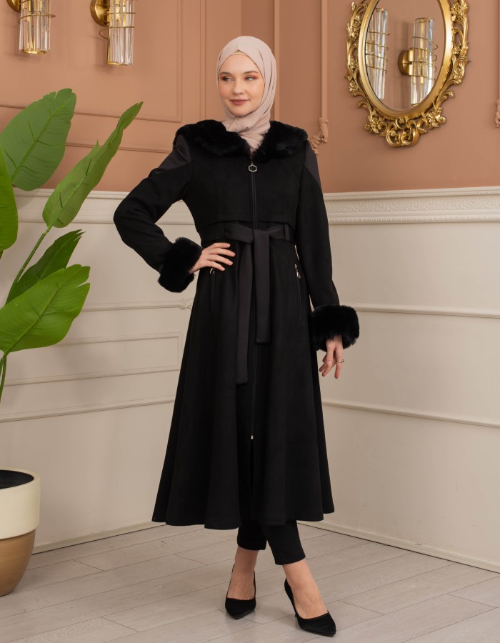 Velvet Suede Trench Coat with Faux Fur Lining, Code 1366 - black