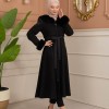 Velvet Suede Trench Coat with Faux Fur Lining, Code 1366 - black