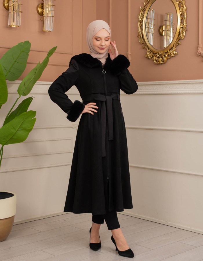 Velvet Suede Trench Coat with Faux Fur Lining, Code 1366 - black