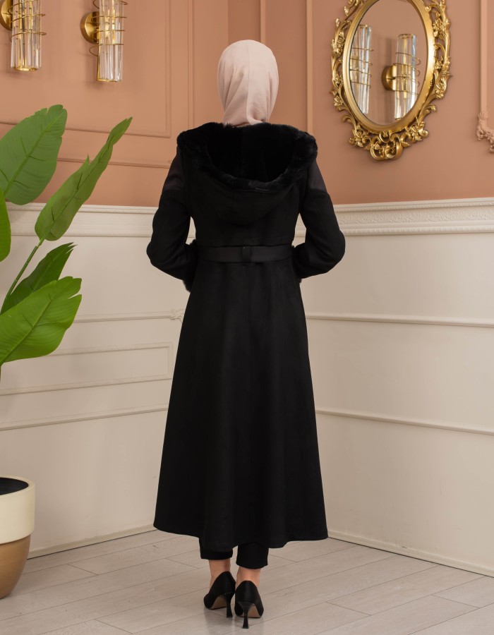Velvet Suede Trench Coat with Faux Fur Lining, Code 1366 - black