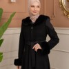 Velvet Suede Trench Coat with Faux Fur Lining, Code 1366 - black