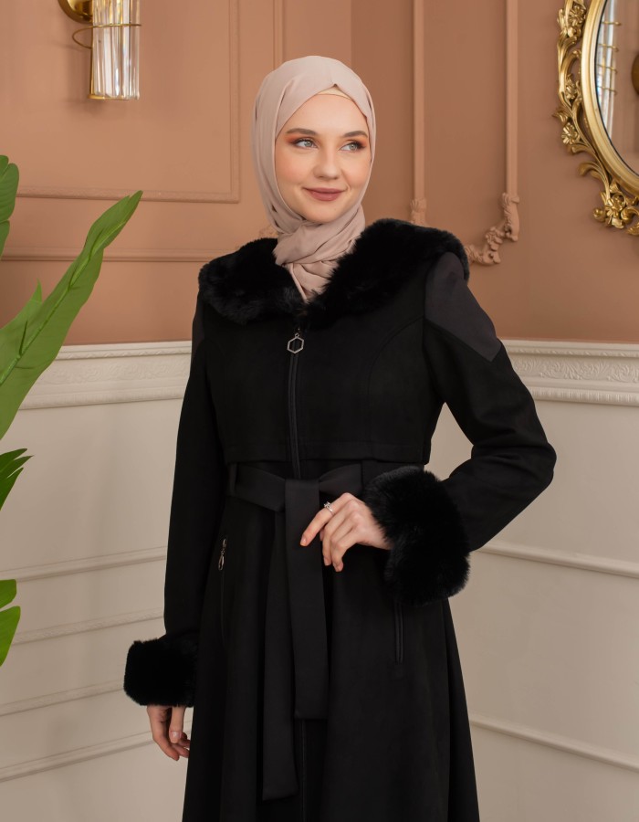 Velvet Suede Trench Coat with Faux Fur Lining, Code 1366 - black