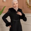 Velvet Suede Trench Coat with Faux Fur Lining, Code 1366 - black