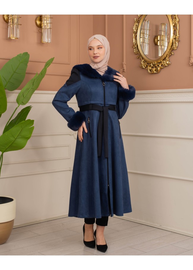 Luxury Suede Trench Coat Lined with Rabbit Fur 1366 - deep blue ...