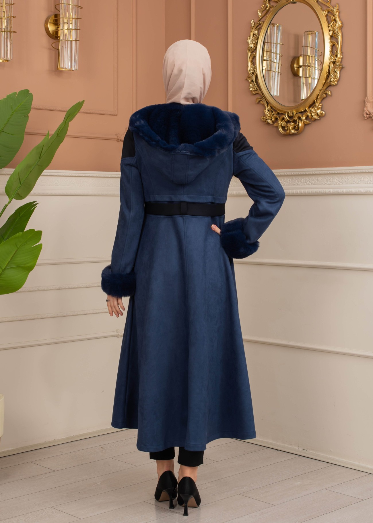 Luxury Suede Trench Coat Lined with Rabbit Fur 1366 - deep blue ...
