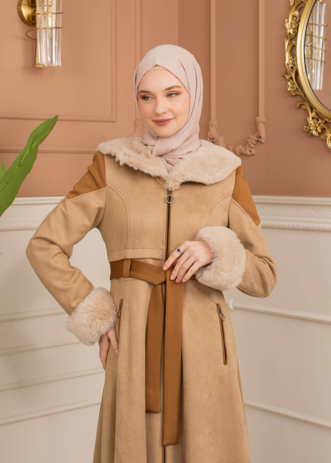 Velvet Suede Trench Coat with Faux Fur Lining, Code 1366 - beige