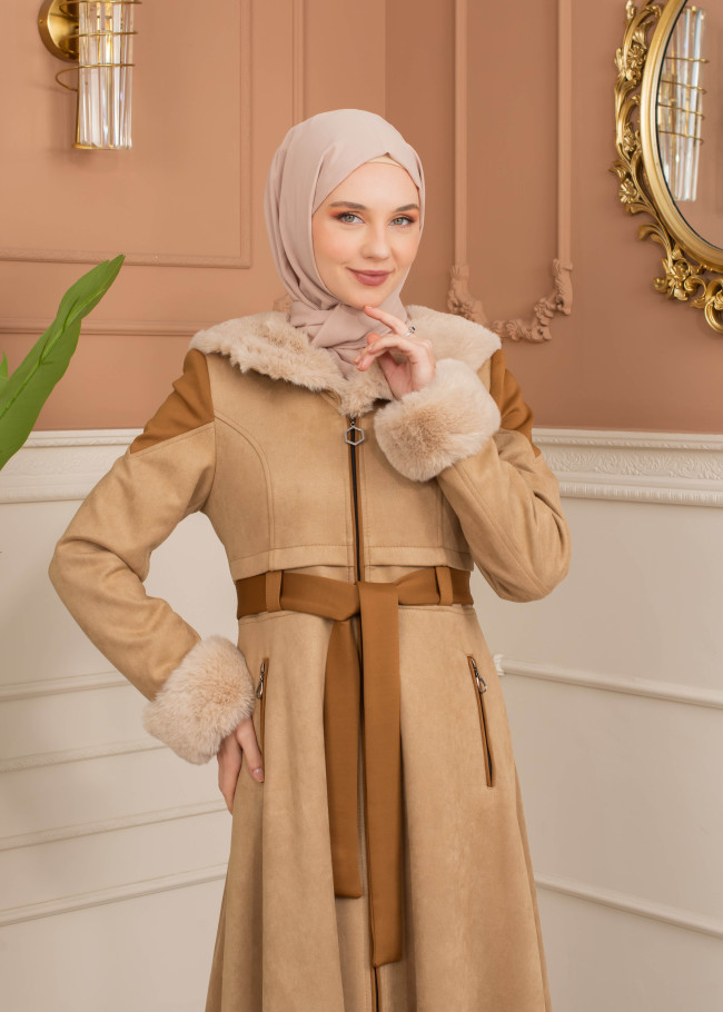 Velvet Suede Trench Coat with Faux Fur Lining, Code 1366 - beige