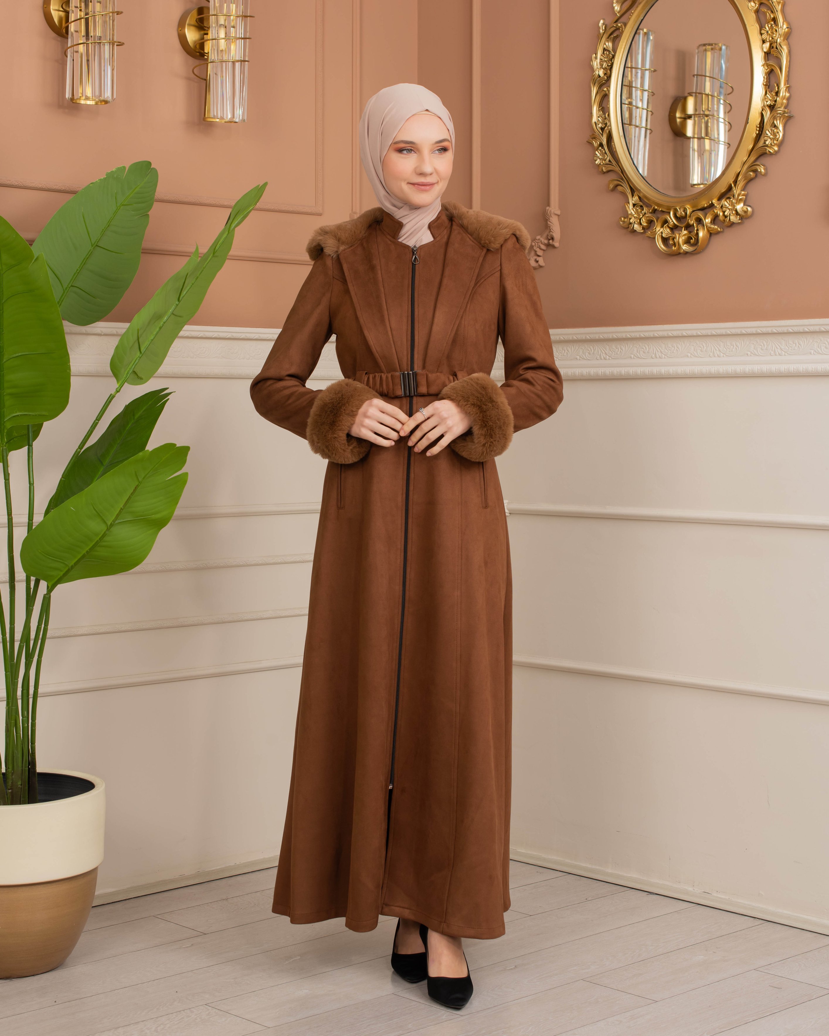 Women's Suede Coat Lined with Rabbit Fur 1368 - brown - HIJAB