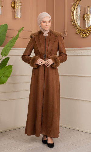 Velvet Suede Trench Coat with Faux Fur Lining, Code 1368 - brown