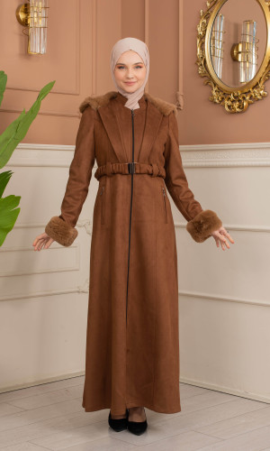 Velvet Suede Trench Coat with Faux Fur Lining, Code 1368 - brown