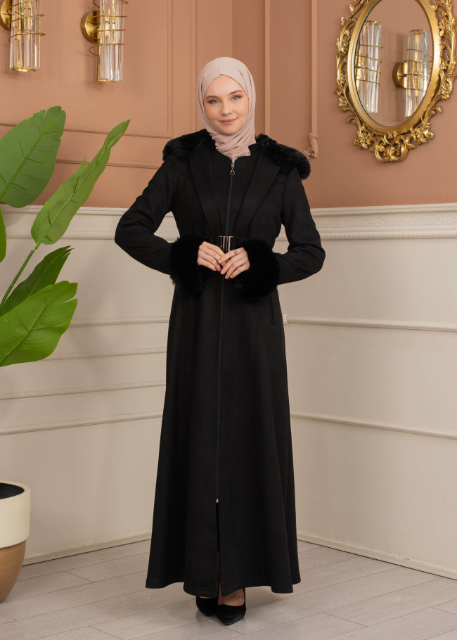 Velvet Suede Trench Coat with Faux Fur Lining, Code 1368 - black