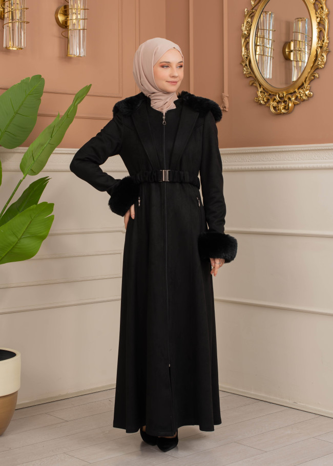 Velvet Suede Trench Coat with Faux Fur Lining, Code 1368 - black