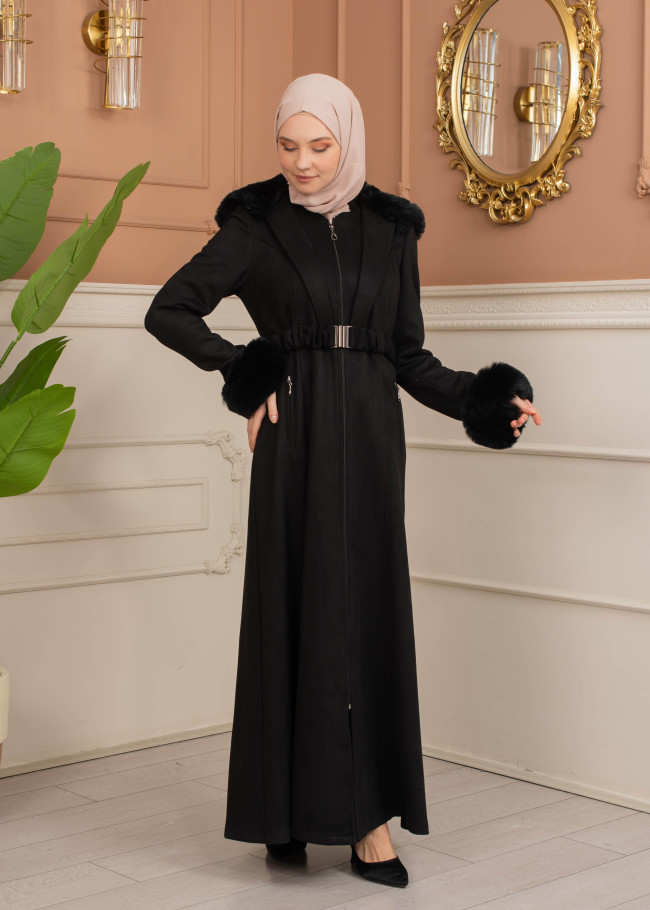 Velvet Suede Trench Coat with Faux Fur Lining, Code 1368 - black