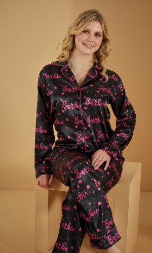 بيجاما ساتان مميزة بباربي -1-1093 - كحلي