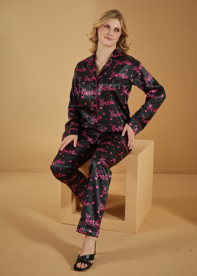Saten Barbie Detaylı Pijama - 1093-1 - Lacivert
