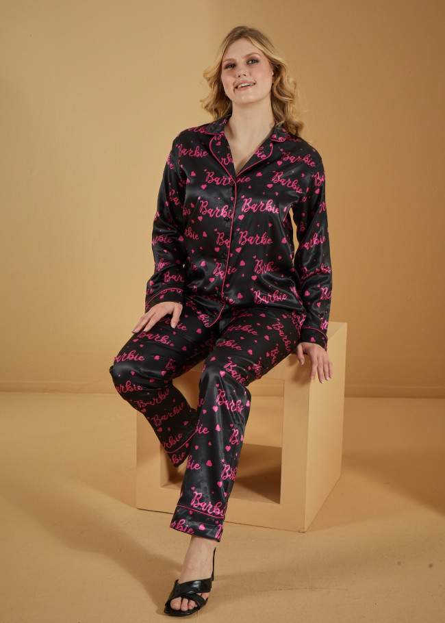 Saten Barbie Detaylı Pijama - 1093-1 - Lacivert