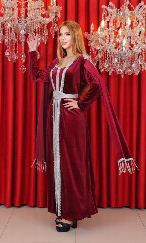 قفطان مخمل مزين - كود 4121 - خمري