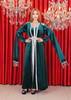 قفطان مخمل مزين - كود 4121 - زيتي