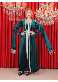 قفطان مخمل مزين - كود 4121 - زيتي