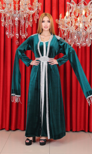 قفطان مخمل مزين - كود 4121 - زيتي