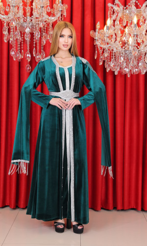 قفطان مخمل مزين - كود 4121 - زيتي