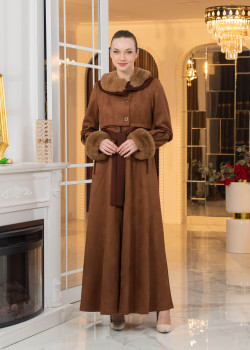 معطف شامواه طويل ببطانة فرو - كود 1373 - بني