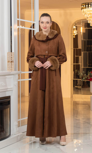 معطف شامواه طويل ببطانة فرو - كود 1373 - بني