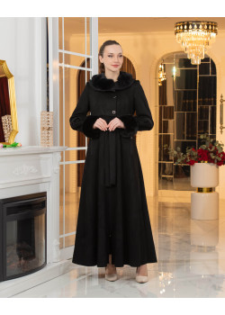 معطف شامواه طويل ببطانة فرو - كود 1373 - اسود